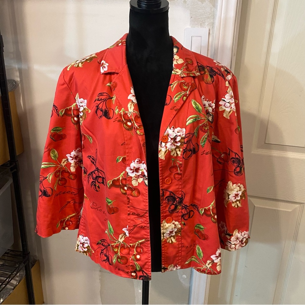 Nancy Bolen Red Floral Blazer Jacket Three-Quarter Sleeves Button Down Lined